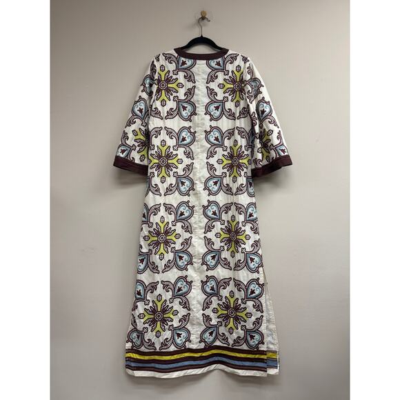 TUCKERNUCK Citron and Slate Blue Embroidered Lorena Caftan Size L NWT - Picture 5 of 6